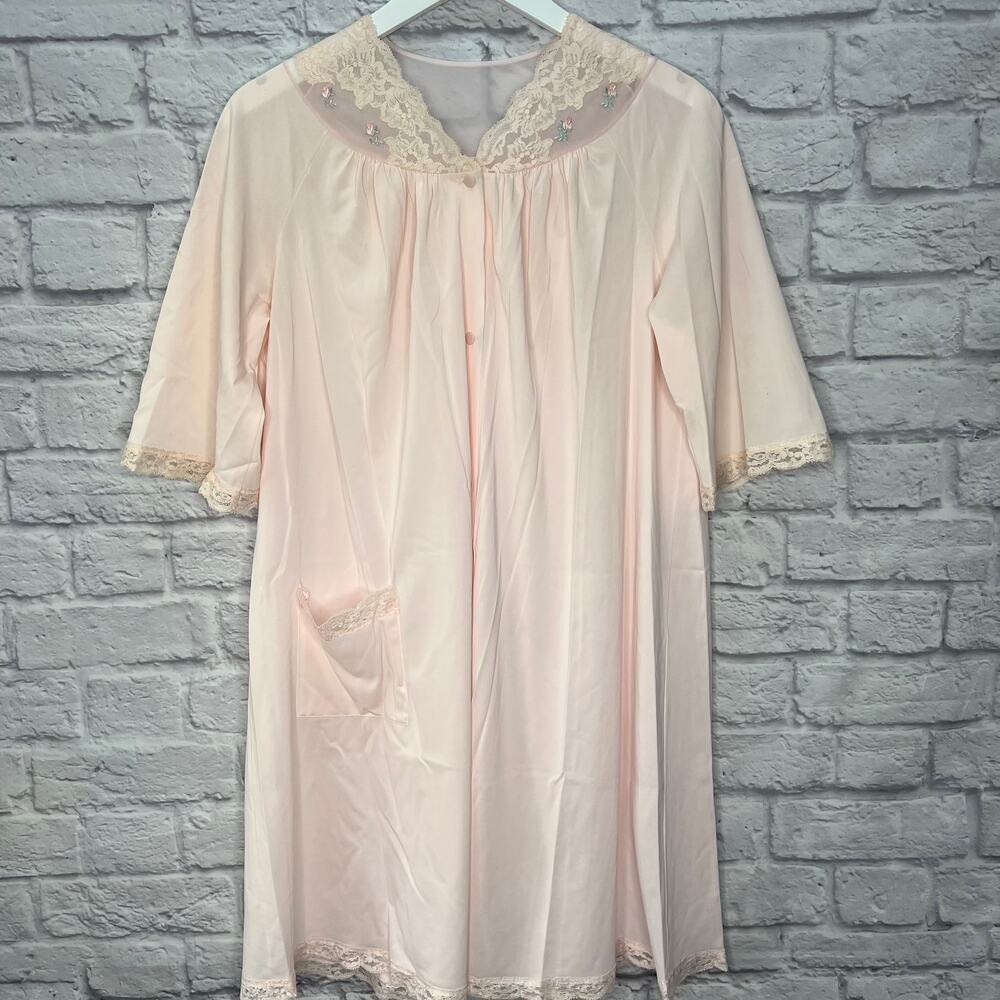 Vintage Shadowline Nylon Button Robe Pink Size S Lace Rose 3/4 Sleeve 70s/80s